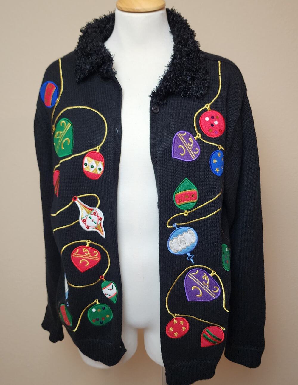 Investments Christmas Ornaments Cardigan Sweater Lg Black Fuzzy Collar & Cuffs
